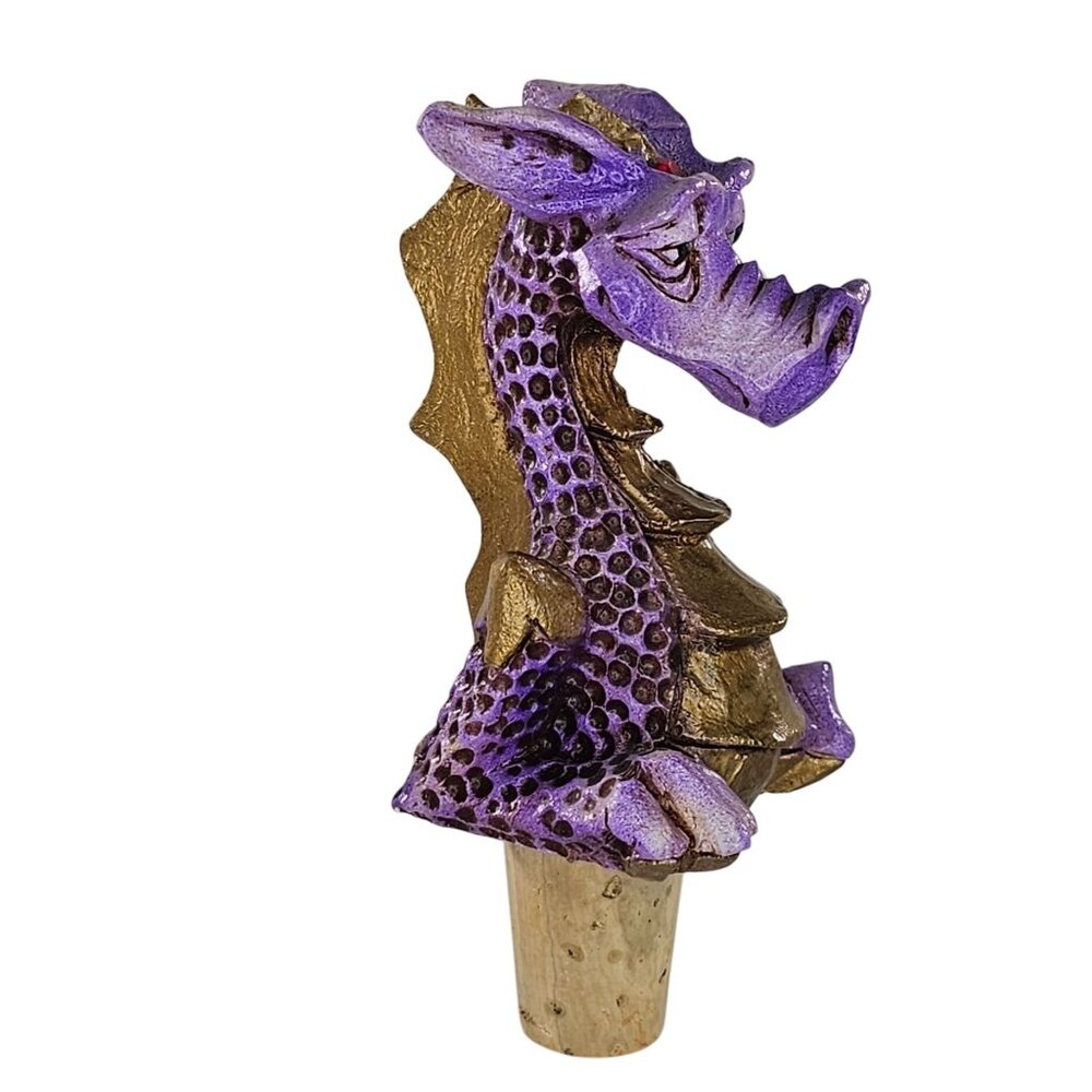 Vintage Steve Tunturi Hand Carved Wood Purple Dragon Bottle Stopper Cork 1987